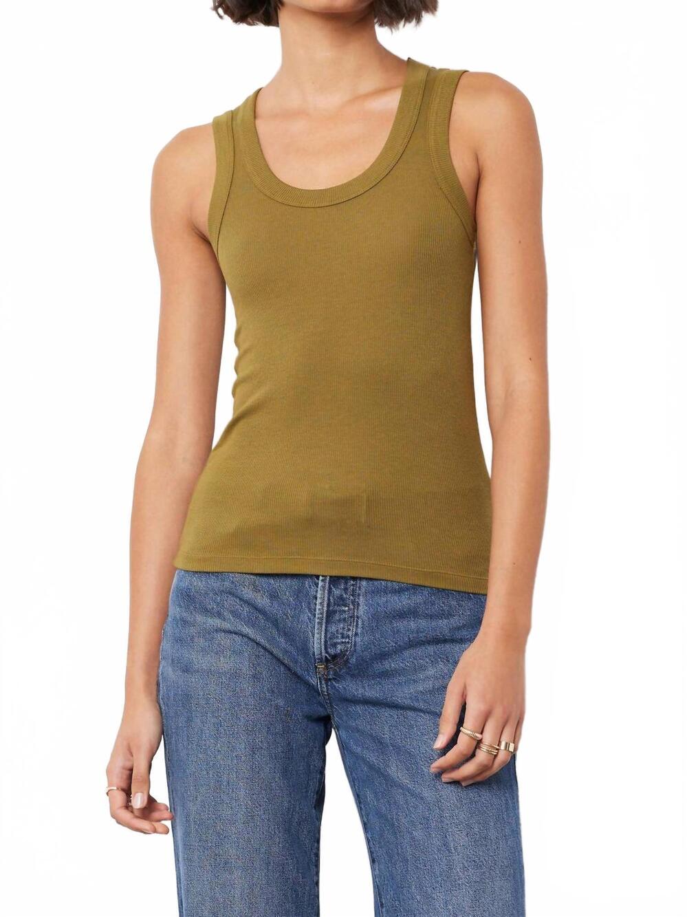 NEW BOBI deep scoop fitted ribbed tank top in dark olive